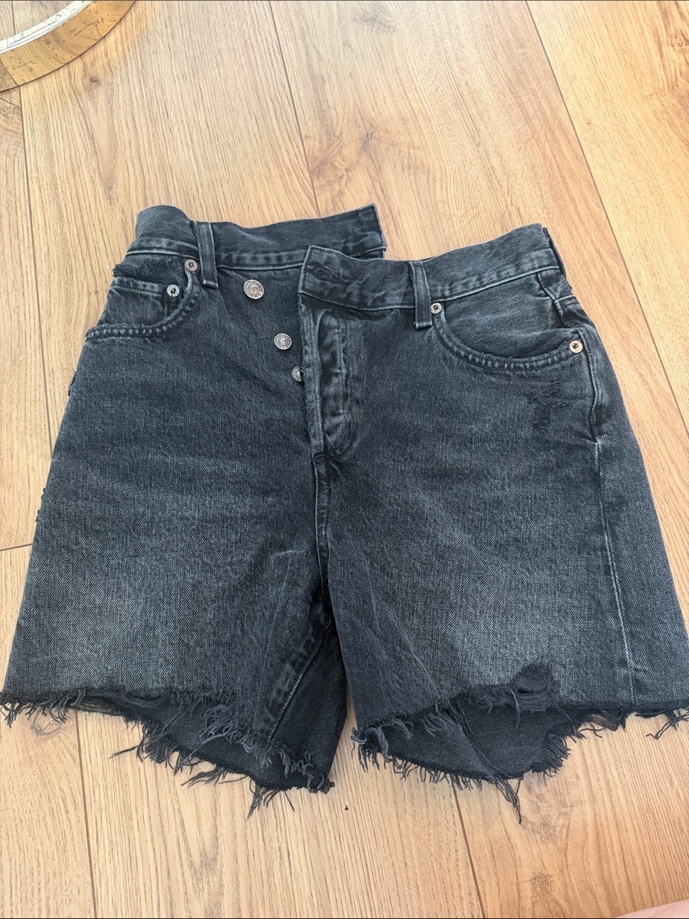 Agolde Black Washed High-Rise Frayed Denim Shorts